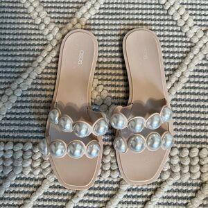 ASOS Women's Foxhill faux pearl jelly flat sandal in beige